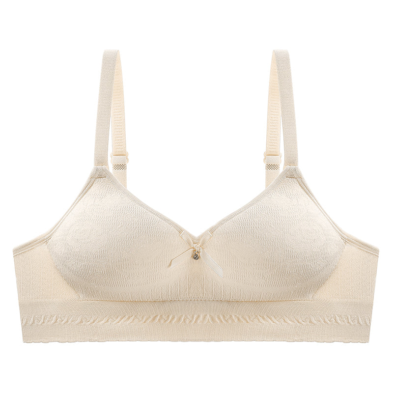 Skin-friendly beige seamless bra that's lightweight and flexible, not constricting