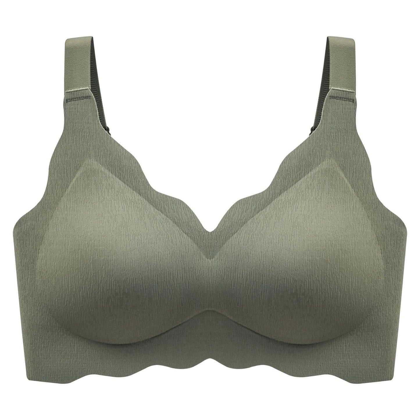 Close-up of the olive-green wireless bra's four-hook closure and heightened side support for extra stability by ucharm bras.