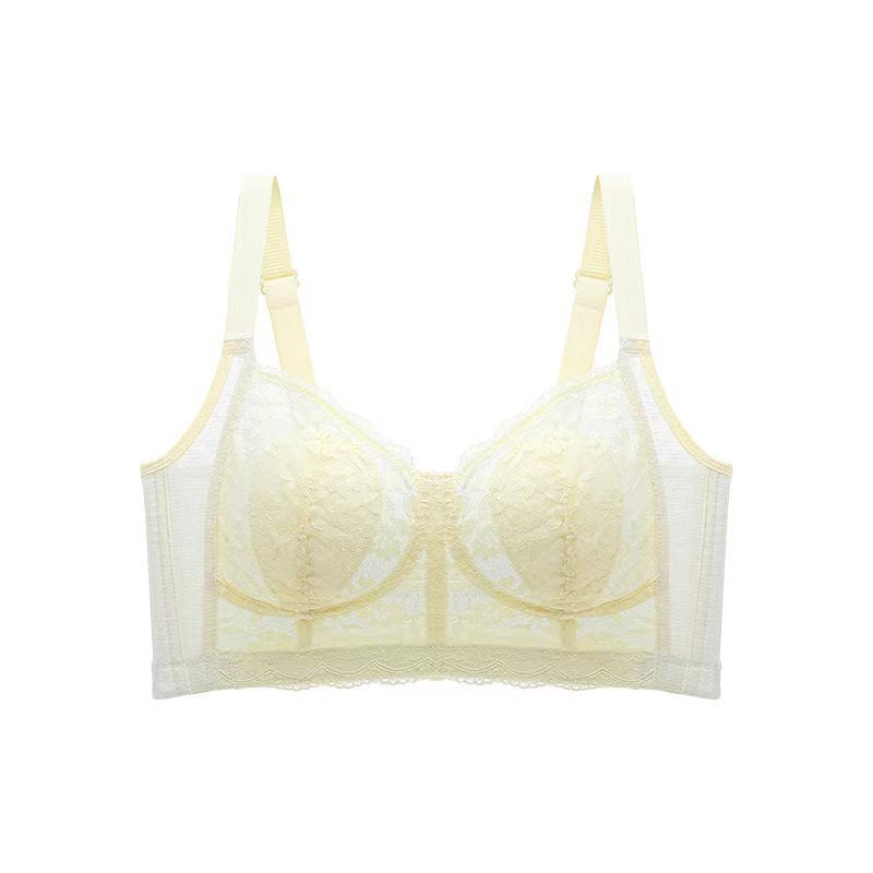 Elegant yellow lace wireless bra designed for full busts with breathable padding and side panels