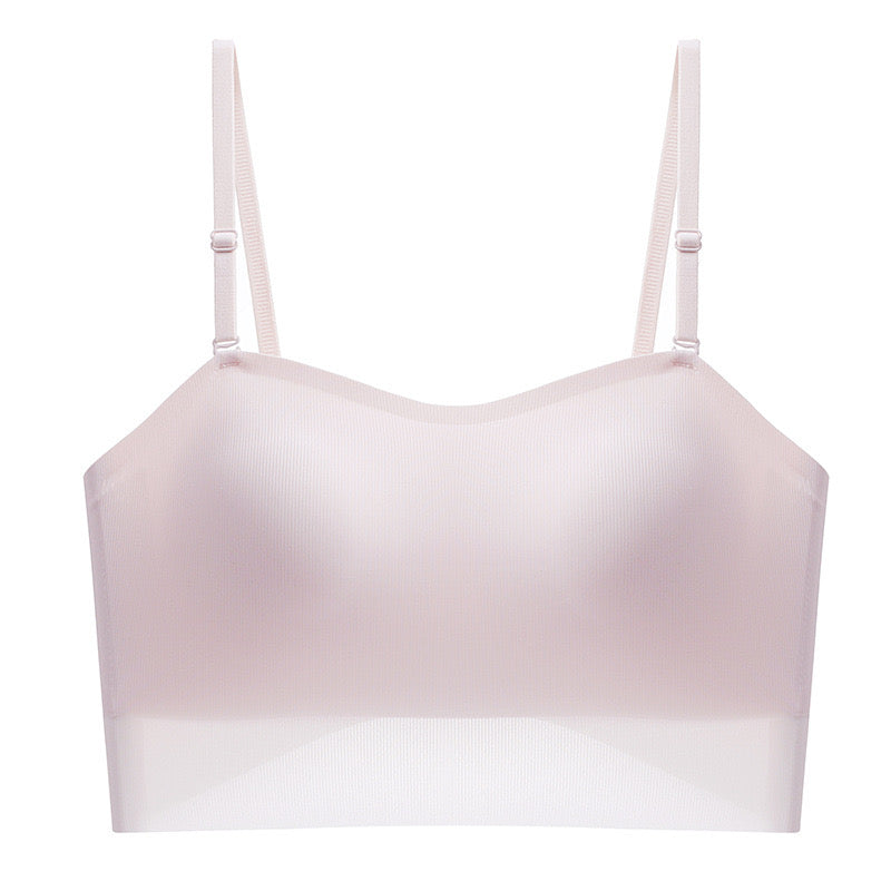 nude pink seamless crop top bandeau with slim straps and sheer panel detailing
