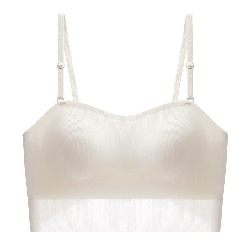 White camisole-style bandeau bra with adjustable straps and transparent hem