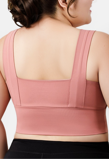 "Back view of a plus-size sports bra showing full coverage and support"