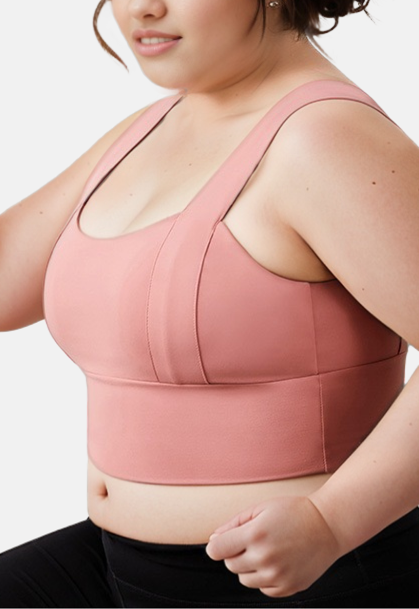 "Dusty rose plus-size sports bra with full coverage and supportive band"