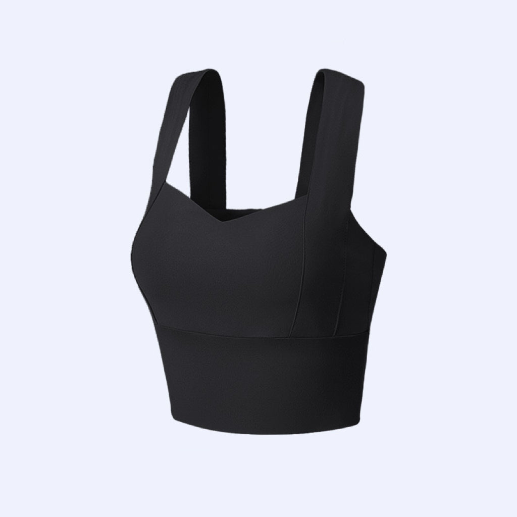 "Classic black plus-size sports bra, designed for high-impact activities"