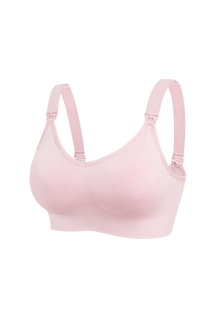 "Blush pink nursing bra with supportive bands and easy-open clasps for breastfeeding"