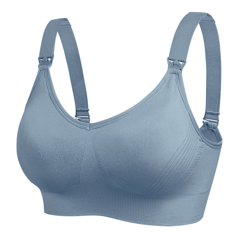 "Sky blue nursing bra with adjustable straps and a secure, comfortable fit"