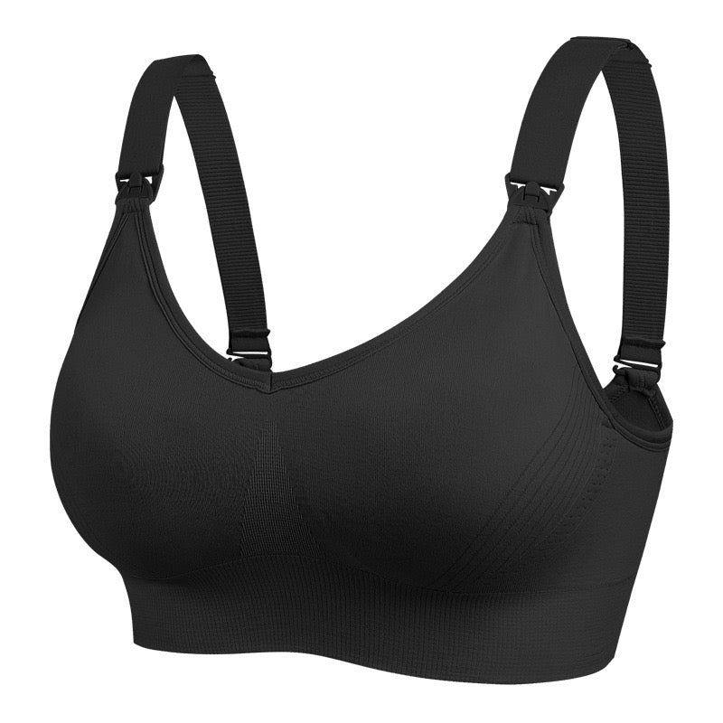 "Front view of a black nursing bra with wide straps and front-opening buckles"