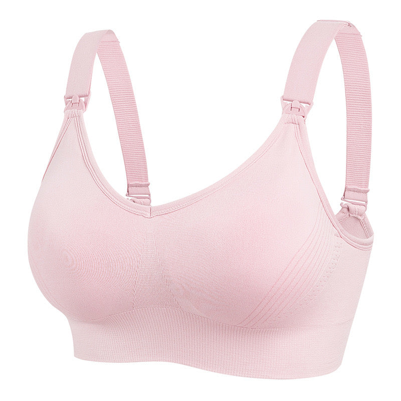"Blush pink nursing bra with supportive bands and easy-open clasps for breastfeeding"
