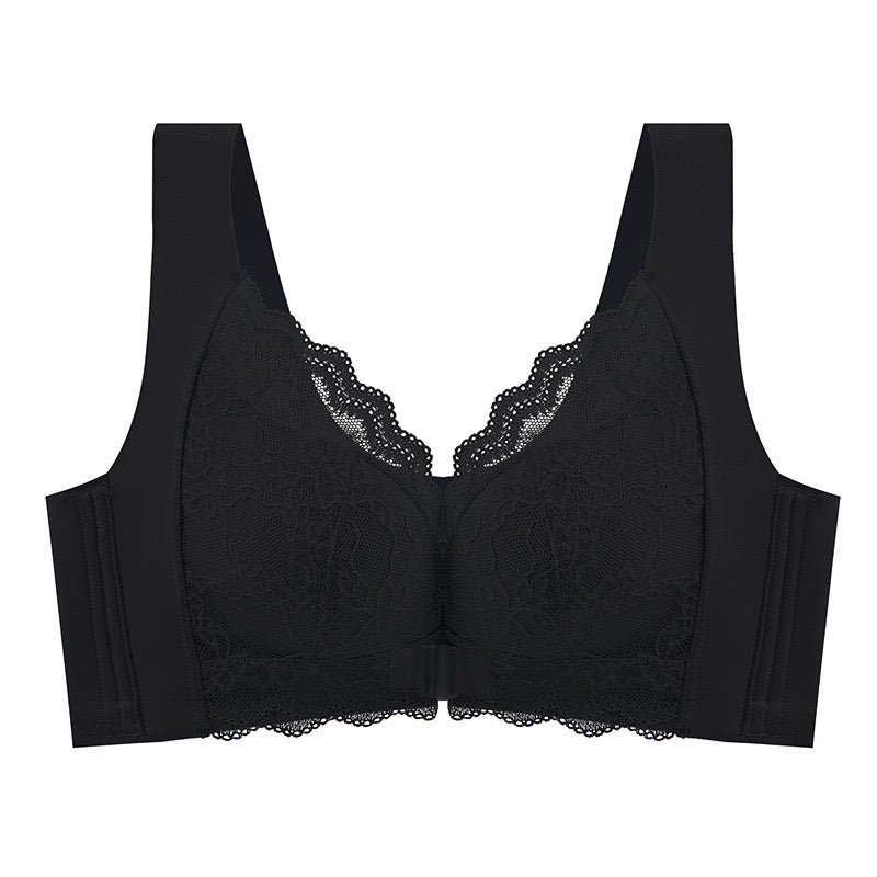 "Classic black lace front-closure bra designed to reduce bust appearance"