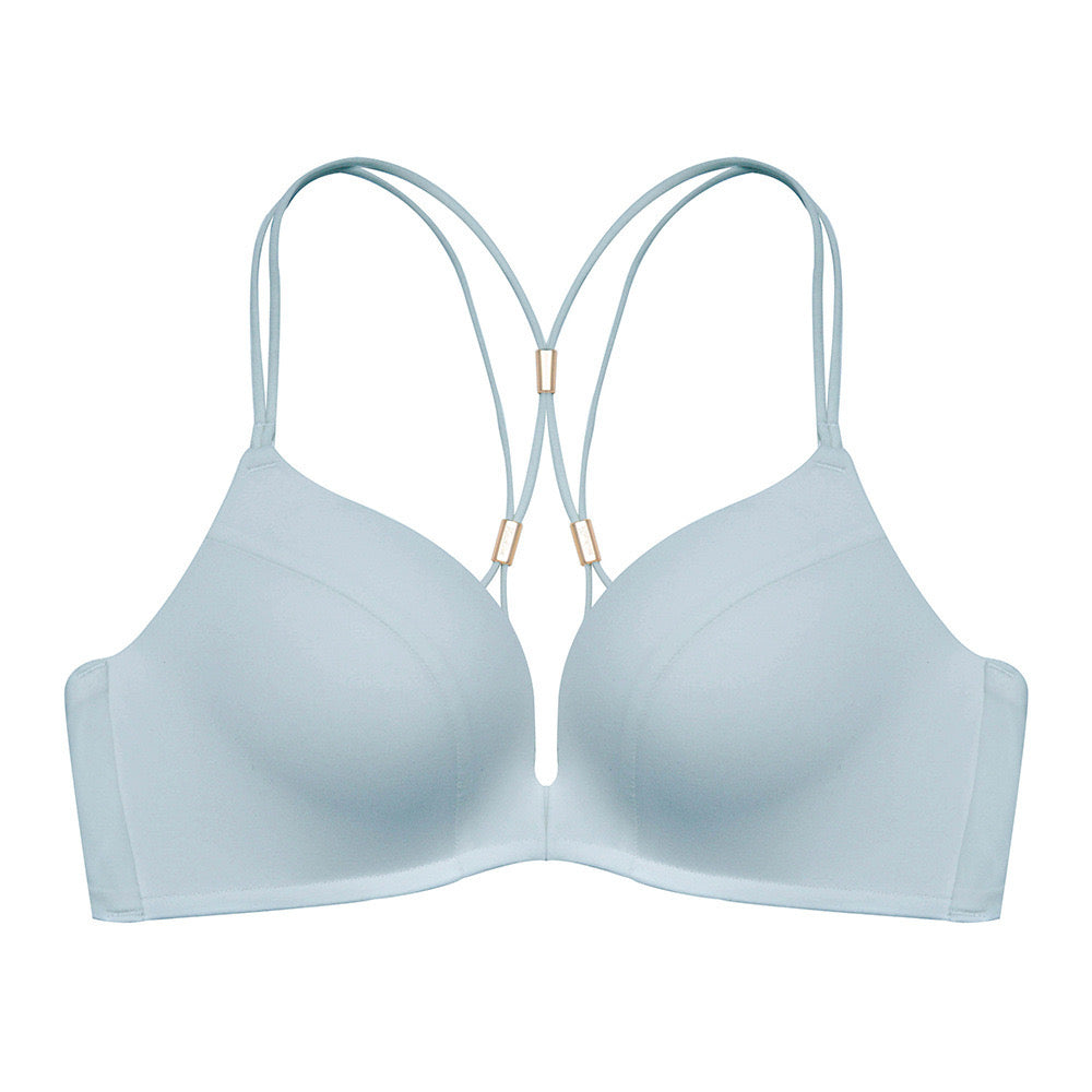 "Sleek light blue smooth bra with a front-open clasp and distinctive multi-strap back design"