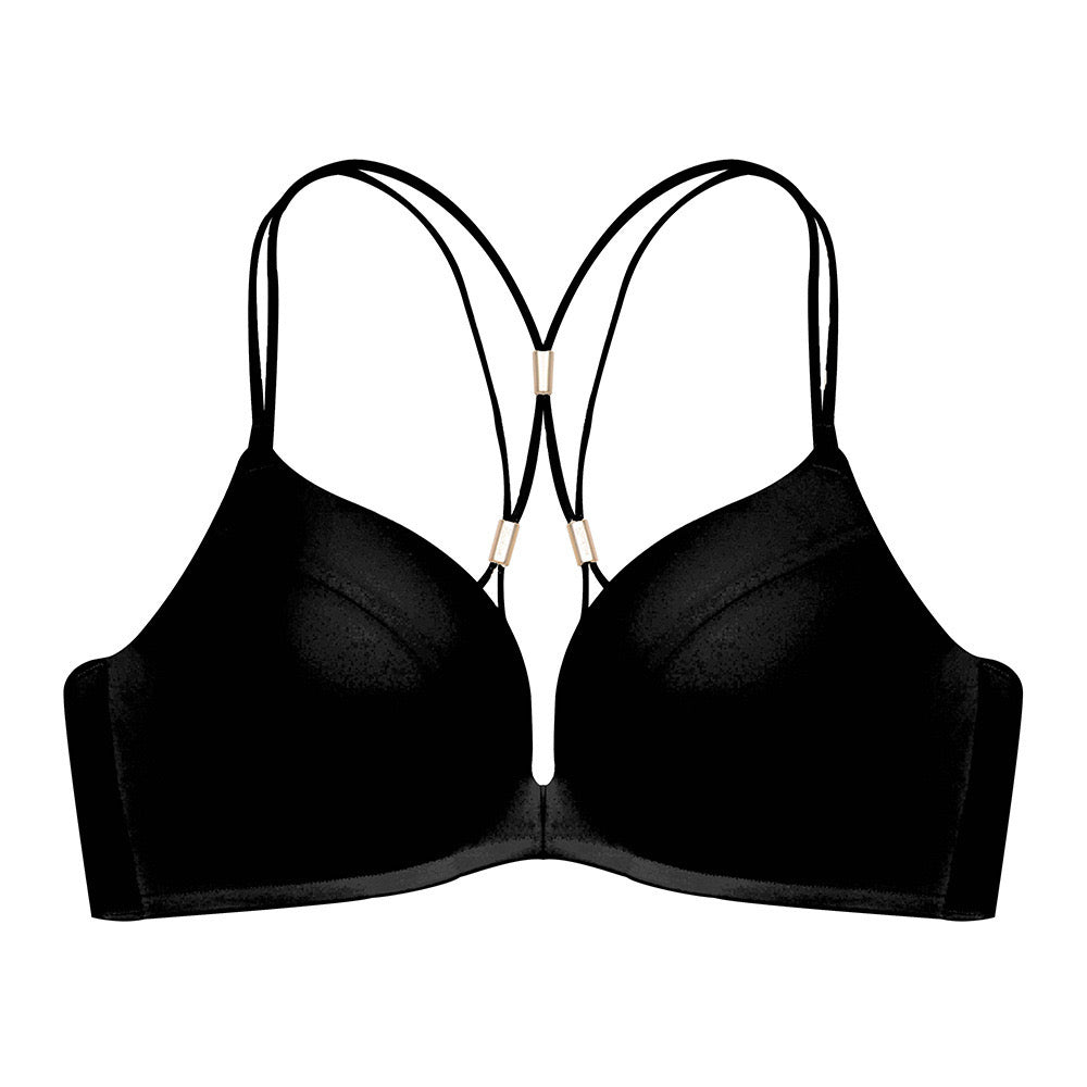 "Elegant black no-wire bra with a smooth finish and stylish crisscross back straps"