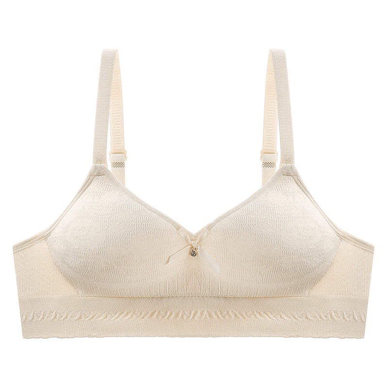 Skin-friendly beige seamless bra that's lightweight and flexible, not constricting