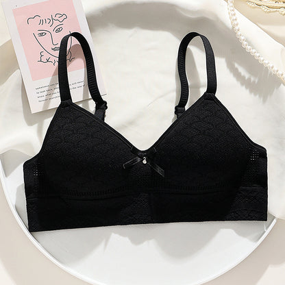 Black high-elasticity bra with hollow-out breathable cups designed to prevent drooping and outward expansion