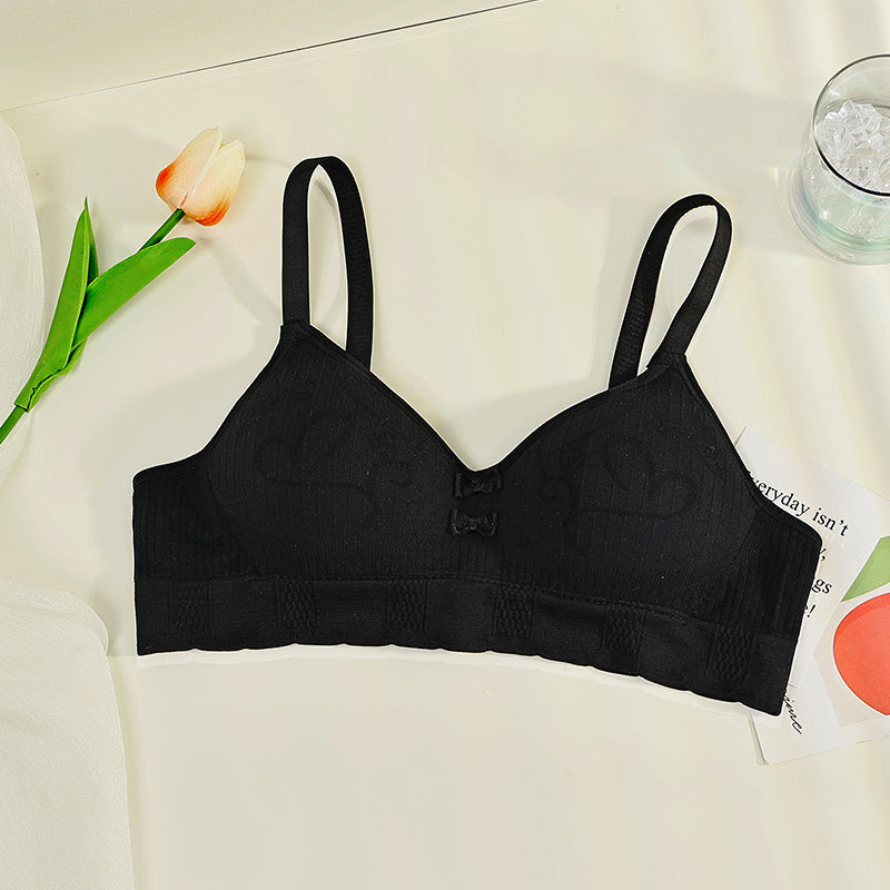 Black wireless bra designed to prevent sagging and conform to the chest shape, providing freedom without underwire.