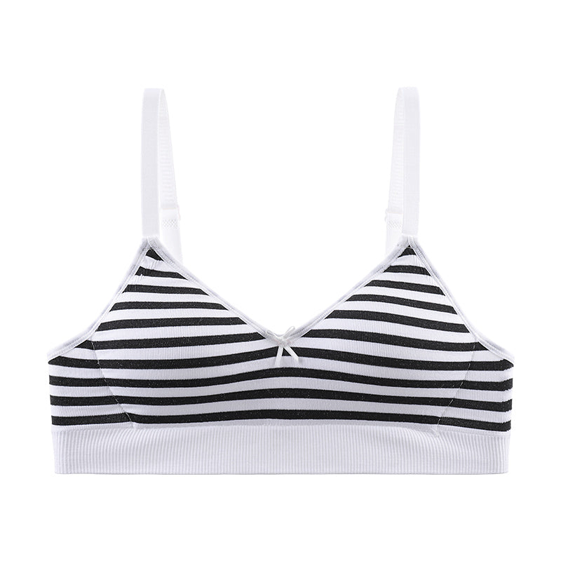 Black and white striped knit bra designed for snug fit, conforming to curves with anti-slip comfort