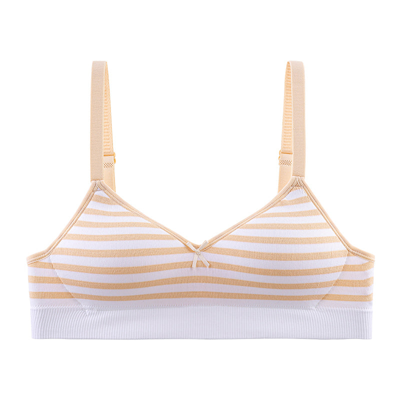 Teenager bras. Gold and white knit striped bra that contours to the body with comfortable support and non-slip features