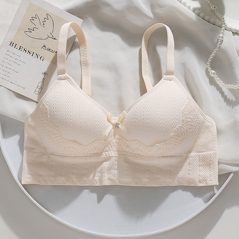 "Cream seamless knit jacquard bra with comfortable contoured cups, breathable and gentle on the skin".