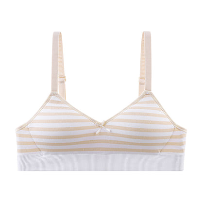 Soft knit cream and white striped bra providing comfortable support and staying in place with a non-slip design