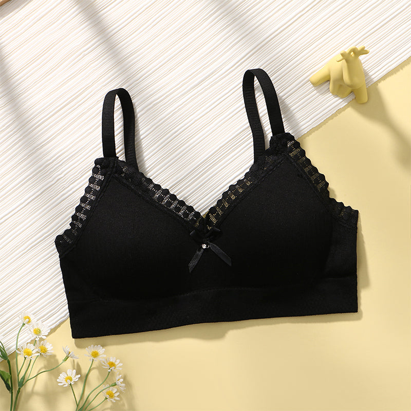 Black breathable gather bralette for young girls, combining comfort with a seamless, lightweight design.