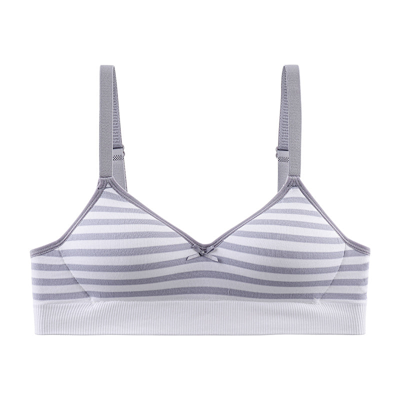 Bra for teens. Best bra for breast development stageComfortable gray and white striped bra with a body-conforming fit and secure non-slip design