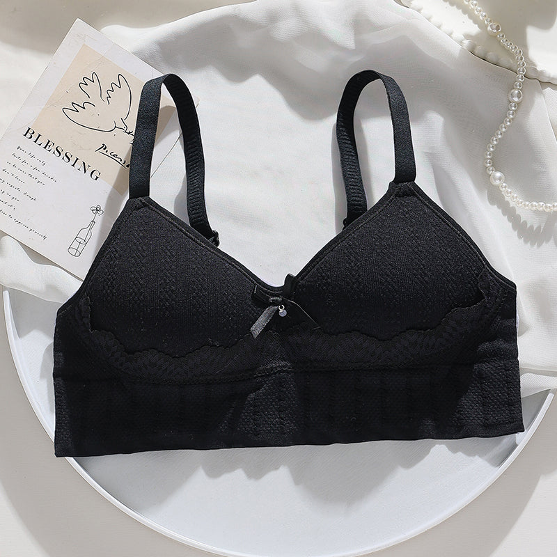 "Black seamless knit jacquard bra with comfortable contoured, breathable cups for a skin-friendly youthful lingerie experience"