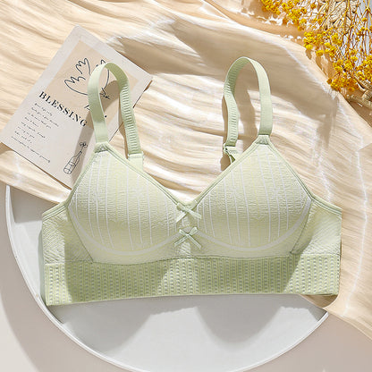 Mint green lightweight honeycomb bra, wire-free for comfort with lifting support and side bulge control.