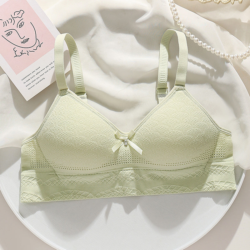 Mint green high-elasticity bra preventing sagging and side spillage with hollow-out breathable cups