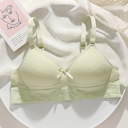 Mint green high-elasticity bra preventing sagging and side spillage with hollow-out breathable cups