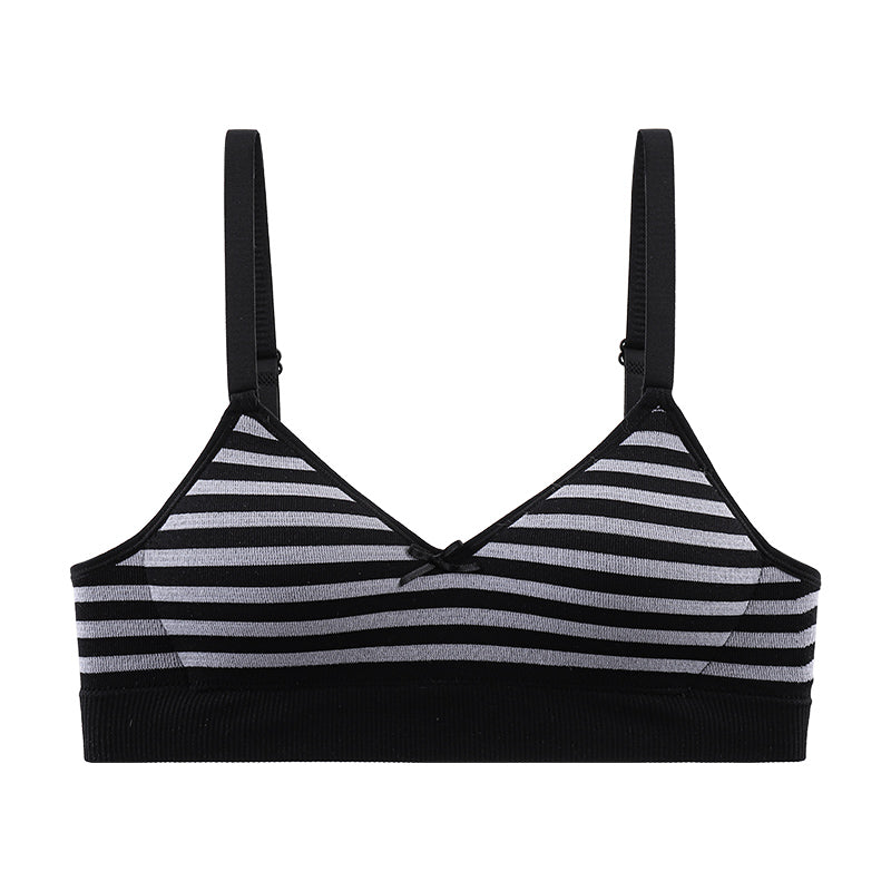 White Diagonal Striped Sports Bra, Black Stripe Print Women's