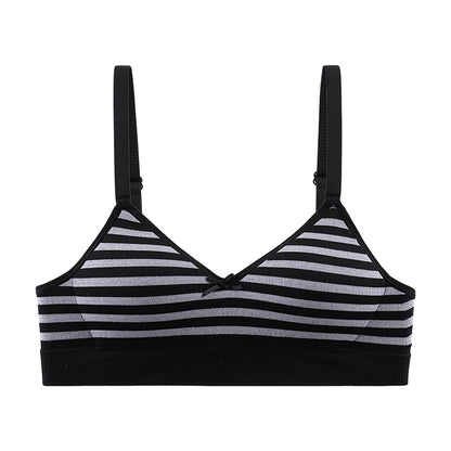 Knit black and gray striped bra offering a secure, non-slip fit and comfortable body support