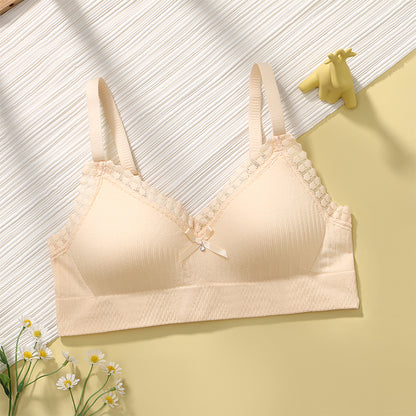 Lightweight breathable bralette in golden beige, perfect for young girls, with delicate lace trim.