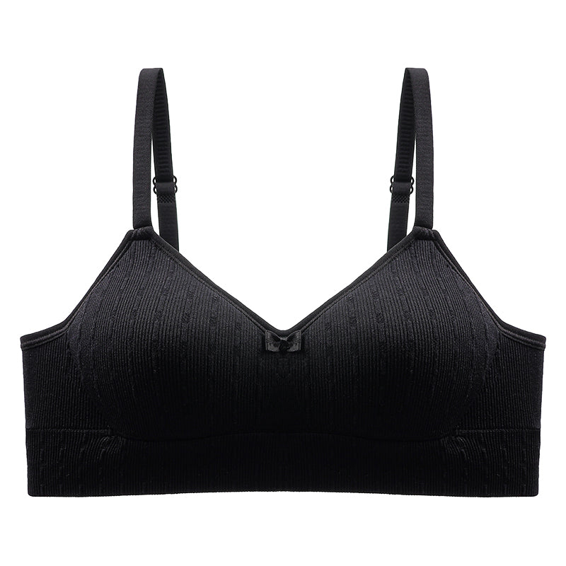 Comfortably snug, high-stretch, skin-fit bra in black.