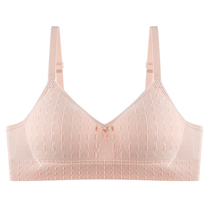 Soft and elastic wireless bra in pink fitting comfortably to skin