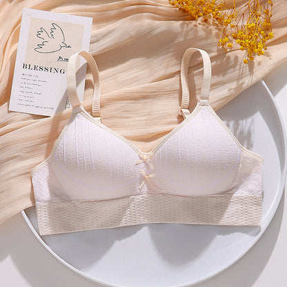 Ivory honeycomb breathable bra, wire-free with a supportive lift and control for side bulge.