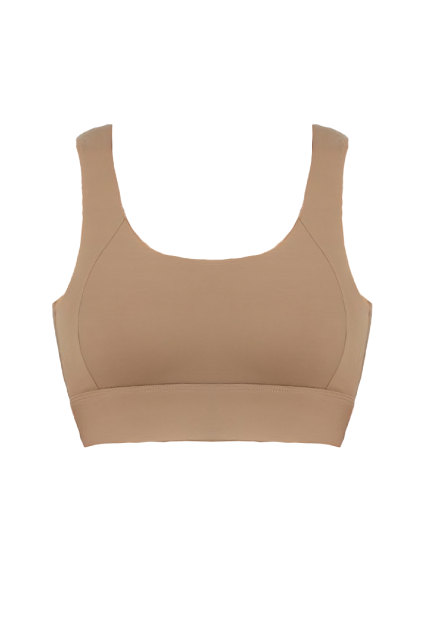 A tan, low-cut women's sports bra top in brown, perfect for yoga and sports activities.