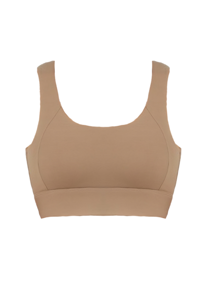 A tan, low-cut women's sports bra top in brown, perfect for yoga and sports activities.