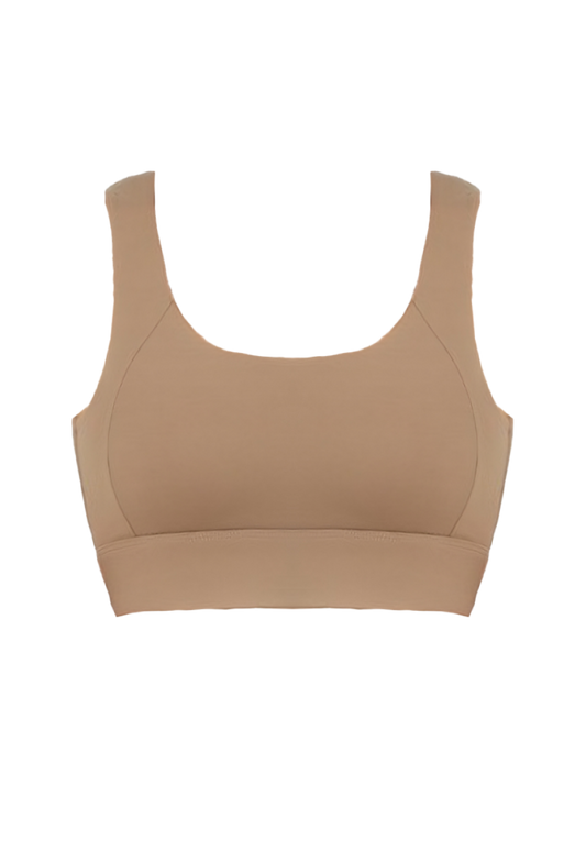 A tan, low-cut women's sports bra top in brown, perfect for yoga and sports activities.