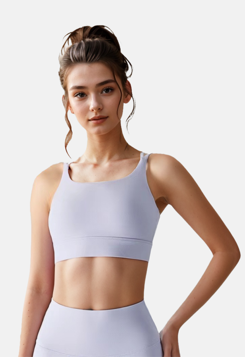  A model showcasing a purple sports bra top with built-in bra support from ucharm store, perfect for yoga and other athletic activities.