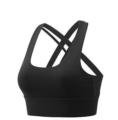 Black women's sports bra top has a cross-over design, u neck, removable padding, and is great for yoga.