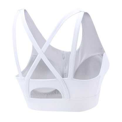 White yoga sports bra with front zipper and cross back for women from ucharm store