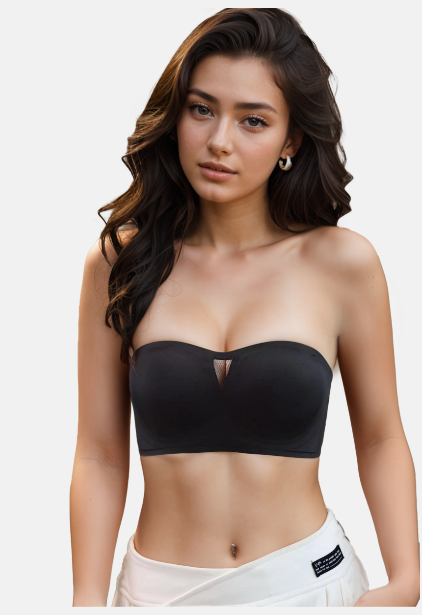 Female model in black strapless bandeau bra top and white pants by ucharm.