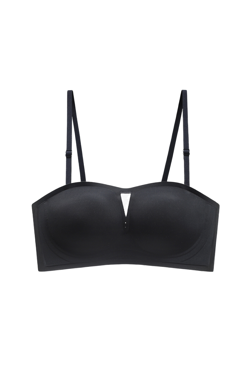 Black wireless seamless bandeau bra with adjustable spaghetti straps by ucharm bras