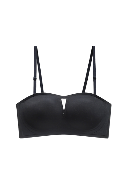 Black wireless seamless bandeau bra with adjustable spaghetti straps by ucharm bras