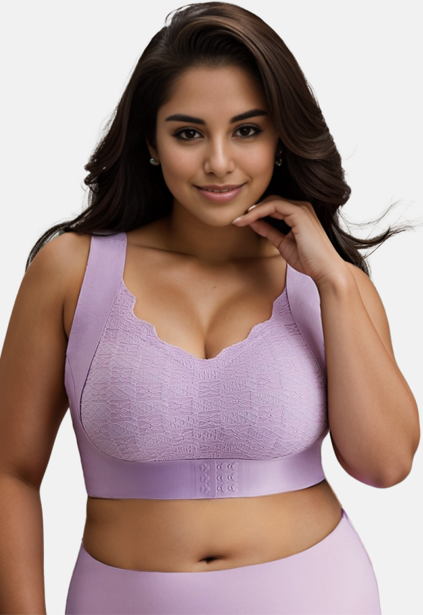 women wearing Full-cup large-size bra with front closure and removable pads for comfortable support.