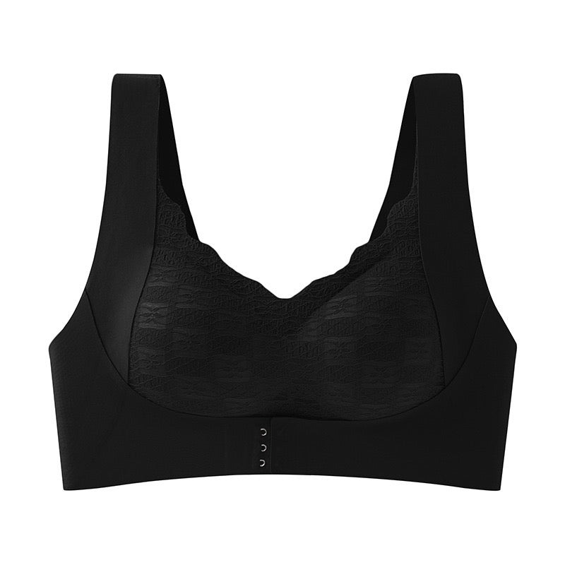 Black comfortable full-coverage bra with front fastening and detachable breathable cups for larger busts made by ucharm bras.