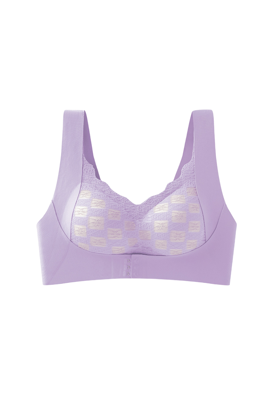 Full-cup large-size bra in purple with front closure and removable pads for comfortable support.