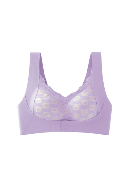 Full-cup large-size bra in purple with front closure and removable pads for comfortable support.