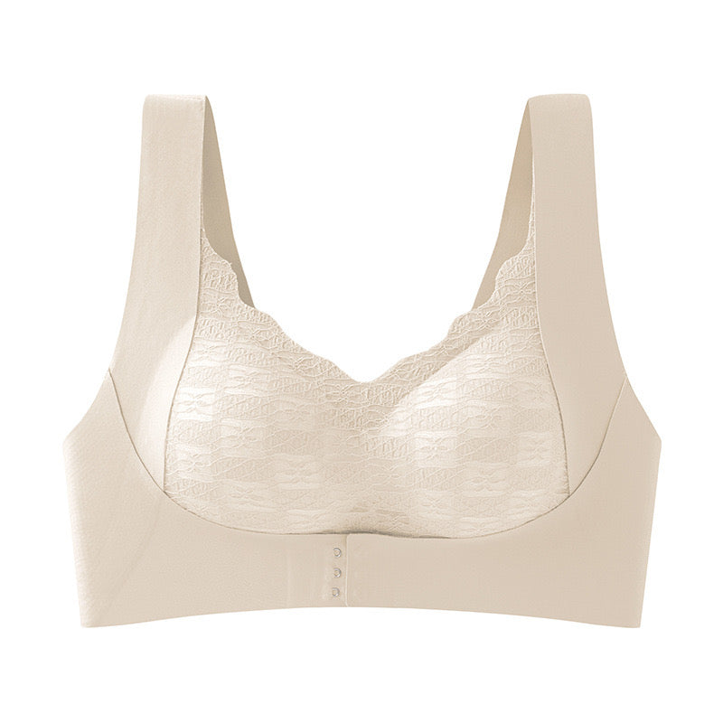 Secure-fit plus-size bra in nude color featuring front clasps and side-smoothing panels for a sleek silhouette made by ucharm bras.