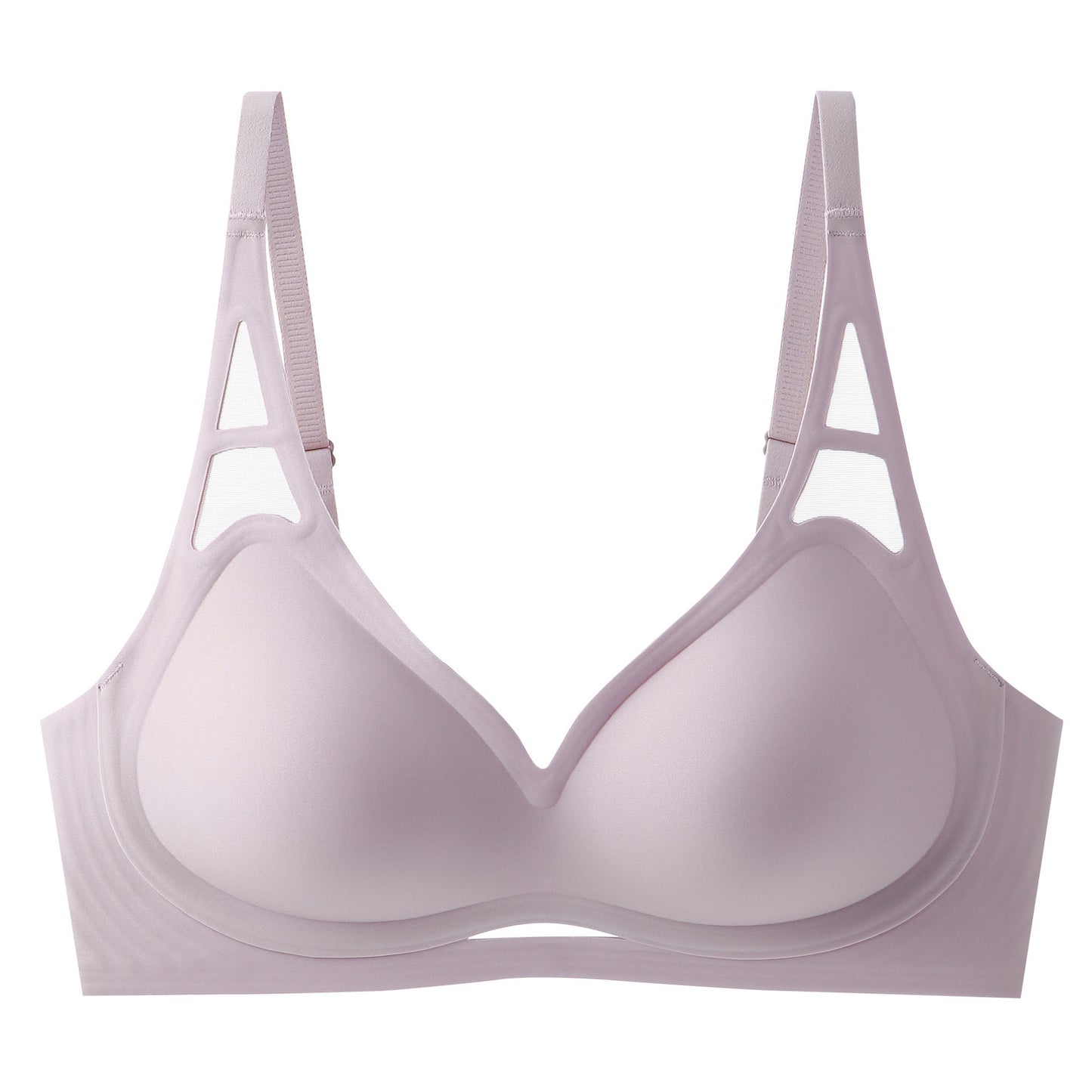 Machine-washable, light purple bra featuring a secure four-hook closure and side-gathering for shape enhancement made by ucharm bras