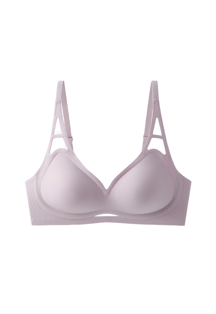 Seamless, soft-support bra with jelly-like padding and adjustable straps in a subtle purple hue made by ucharm bars